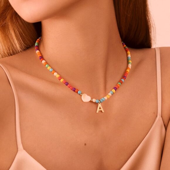 Beaded Choker Necklace Brass Personalized Initials Jewelry for Teen Girls - Picture 3 of 7